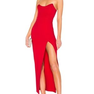 Red superdown jersey strapless gown with side slit size xs